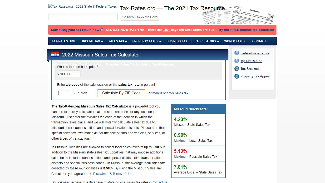 Missouri Sales Tax Calculator