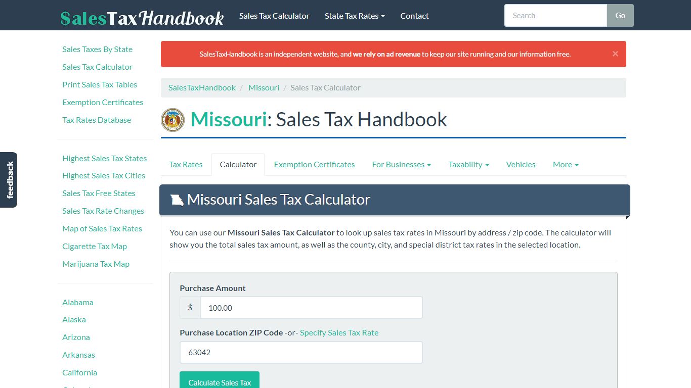 Missouri Sales Tax Calculator - SalesTaxHandbook